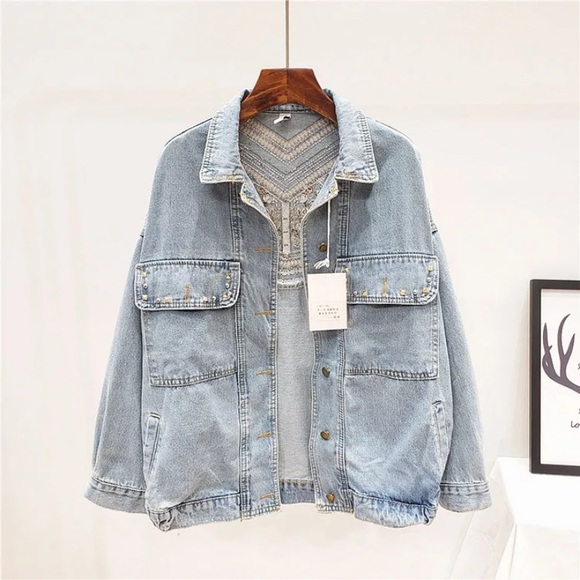 SOLD OUT Oversized Denim Stud Fringe Embroidered Jacket - Picture 3 of 3